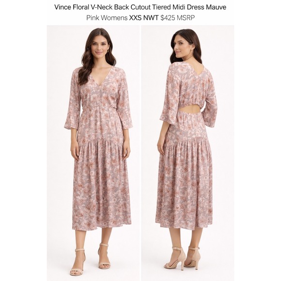 Vince Mauve Floral Midi Dress XXS V Neck Back Cutout Tiered Dress NWTV823051466